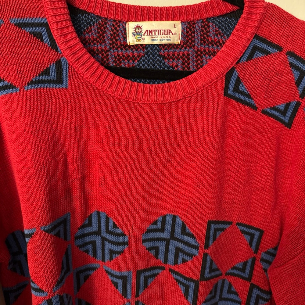 Antigua Red and Blue Patterned Crewneck Sweater Vintage